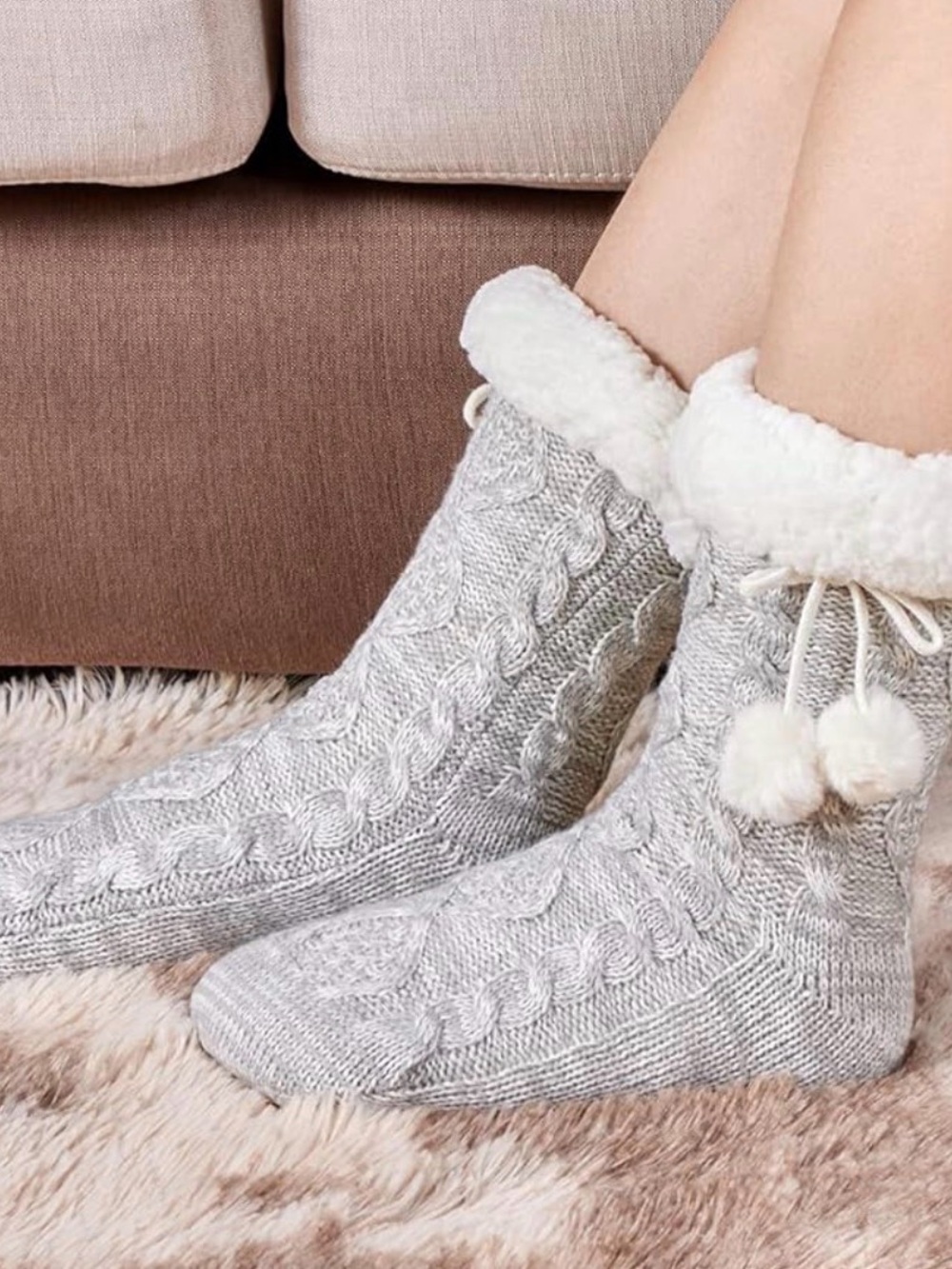 Cozy Cable Knit Sherpa Lined Slipper Socks in Light Gray